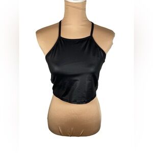HARD TAIL ~Black Satin Halter Crop Top Large